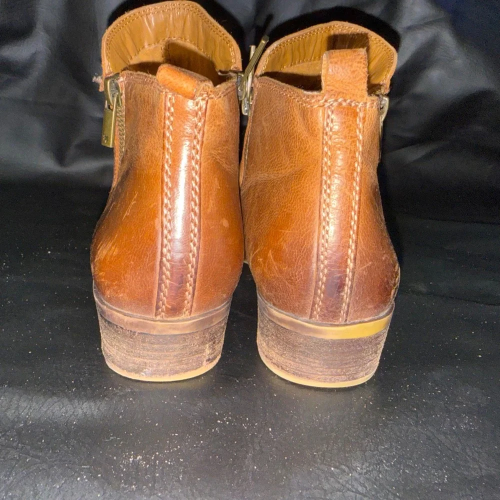 Lucky Brand Basel Cognac Brown Leather Ankle Booties Dual Zip Woman's 11M/41